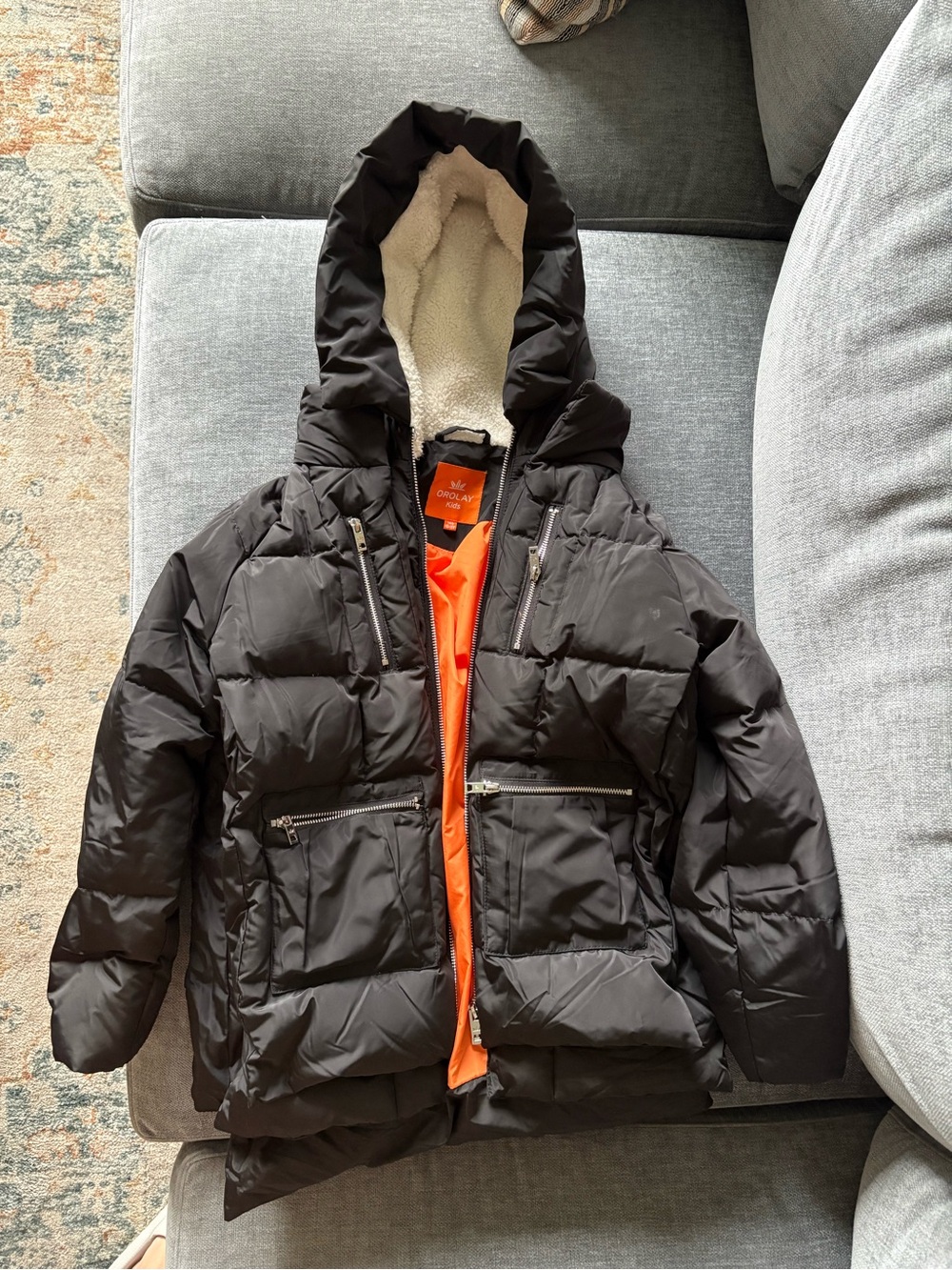 Kids Black Puffer Coat with Orange Lining and Sherpa Hood
